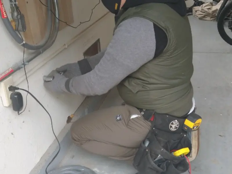 Electrician performing outlet wiring in a Bushnell garage